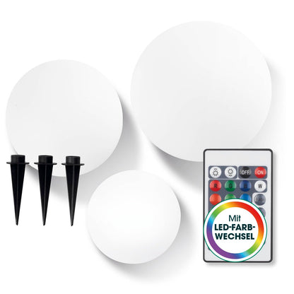 EASYmaxx LED Solarleuchte Dekokugel 3er-Set mit Fernbedienung, kugelförmig, mit Erdspiess