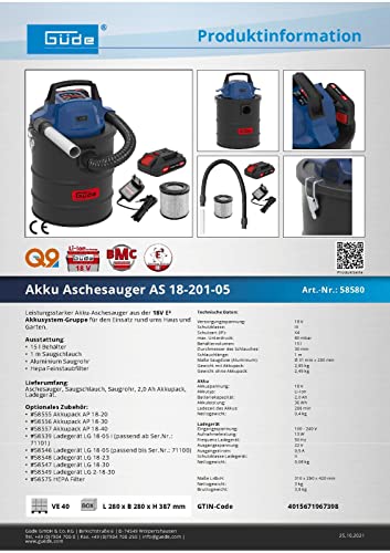Güde Akku Aschesauger AS 18-201-05 - 18V