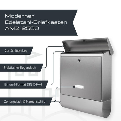 BURG-WÄCHTER AMZ 2500 NI Briefkasten mit Zeitungsfach – Edelstahl