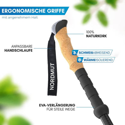 NORDMUT® Teleskop Carbon Trekkingstöcke – Kork Griff & Puffer Set