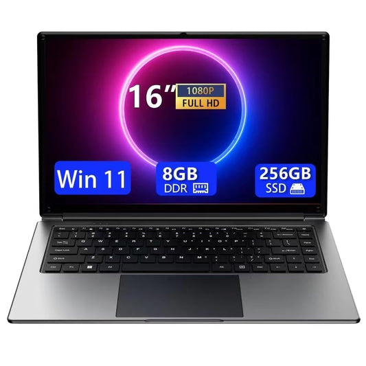 Morostron 16-Zoll Laptop – 8GB RAM, 256GB SSD, Win 11 Pro. Geöffneter, dunkelgrauer Laptop zum mobilen Arbeiten.