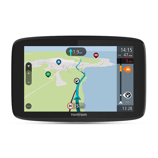 TomTom GO Camper Tour Camping Navi mit 6 Zoll Display, rechteckig, schwarz. Es navigiert Wohnmobile und Gespanne sicher zu Campingplätzen.