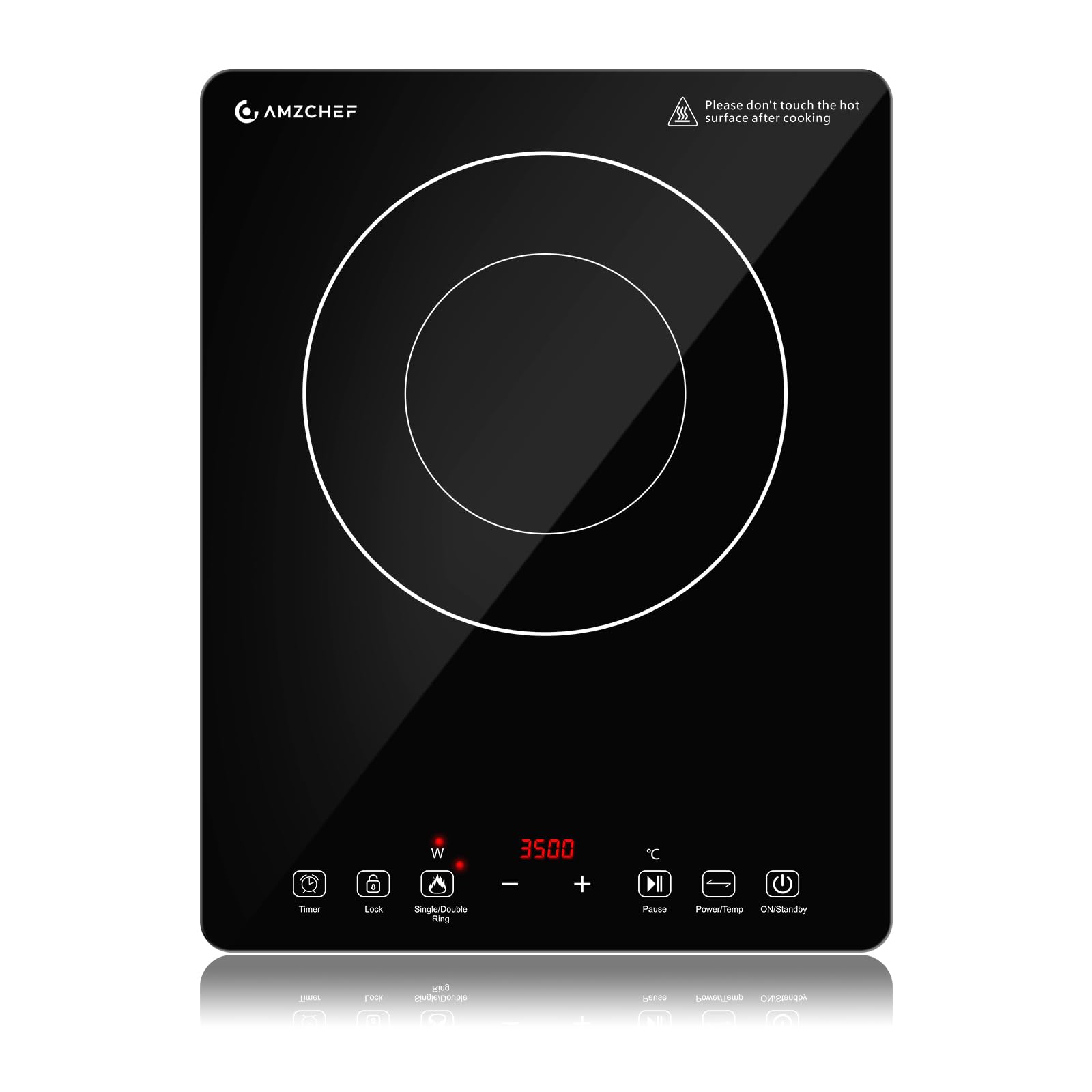 AMZCHEF Induktionskochplatte Einzel, 3500 W, Doppelring, 9 Stufen, schwarze Kristallglasfläche