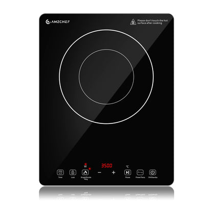 AMZCHEF Induktionskochplatte Einzel, 3500 W, Doppelring, 9 Stufen, schwarze Kristallglasfläche