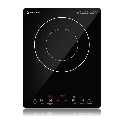 AMZCHEF Induktionskochplatte Einzel, 3500 W, Doppelring, 9 Stufen, schwarze Kristallglasfläche