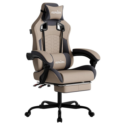 SUKIDA ergonomischer Racing Gaming Stuhl Fussstütze - Beige. Racing-Stuhl in Beige mit ausziehbarer Fussstütze, bietet ergonomischen Sitzkomfort für Gamer.
