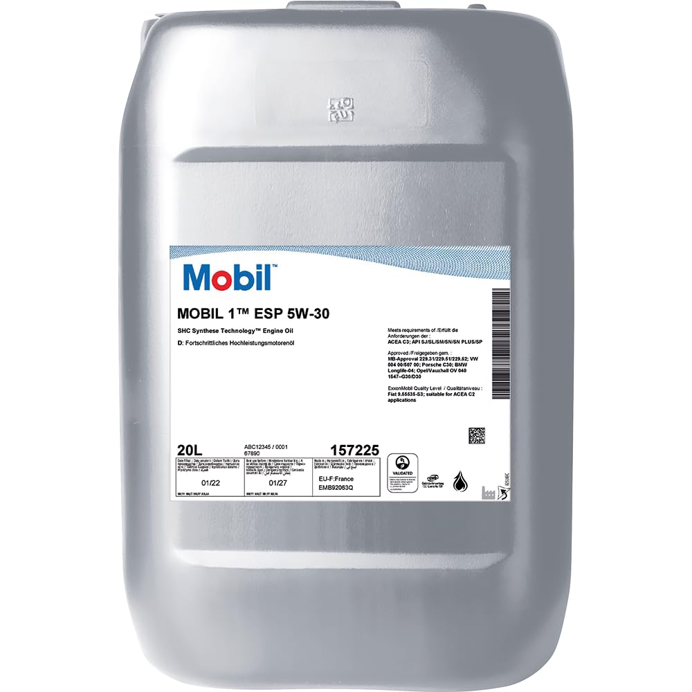 Mobil 1 ESP 5W-30 Motorenöl - 20 Liter. Grauer, rechteckiger Kunststoffkanister zur Schmierung und zum Verschleißschutz von Pkw-Motoren.