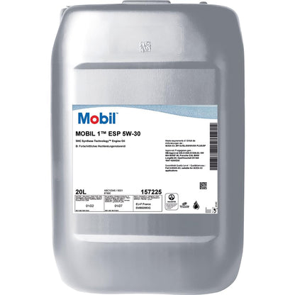 Mobil 1 ESP 5W-30 Motorenöl - 20 Liter. Grauer, rechteckiger Kunststoffkanister zur Schmierung und zum Verschleißschutz von Pkw-Motoren.