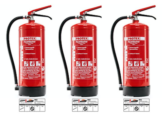 Protex Pulverfeuerlöscher 6 kg ABC Brandklassen mit Halterung: Roter Zylinder, löscht ABC-Brände mit 6 kg Pulver.
