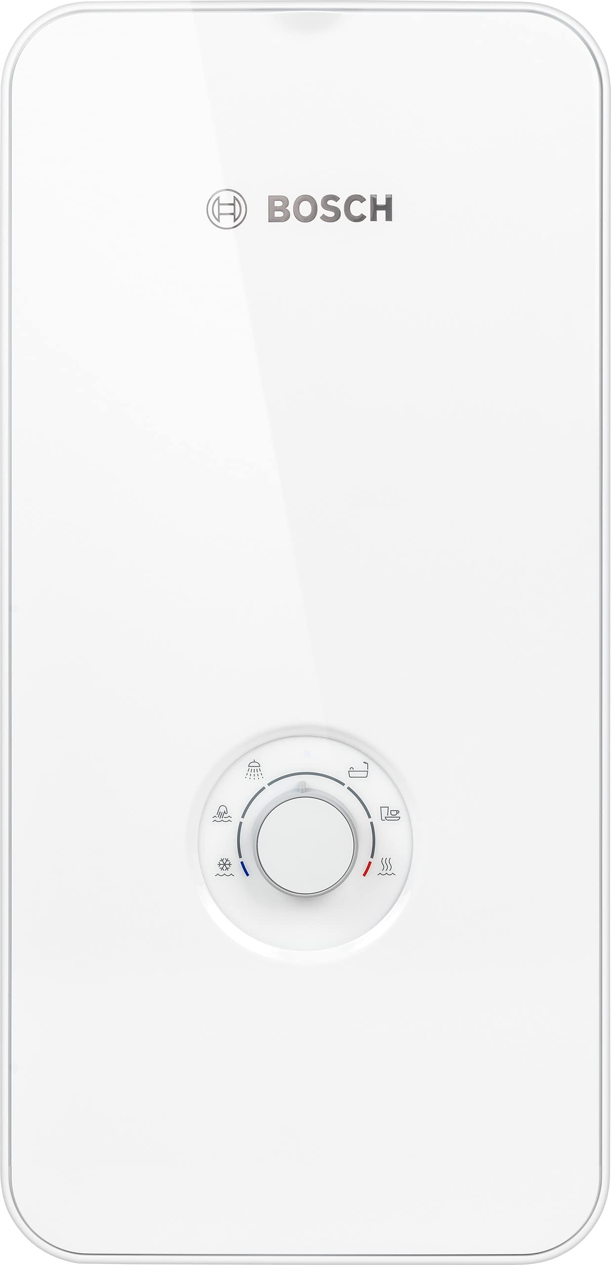 Bosch Tronic Comfort Plus Durchlauferhitzer – 21/24/27 kW weiss. Rechteckiges, weißes Gerät zur elektronischen Warmwasserbereitung an Zapfstellen.