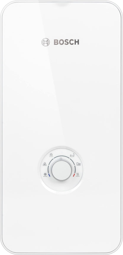 Bosch Tronic Comfort Plus Durchlauferhitzer – 21/24/27 kW weiss. Rechteckiges, weißes Gerät zur elektronischen Warmwasserbereitung an Zapfstellen.