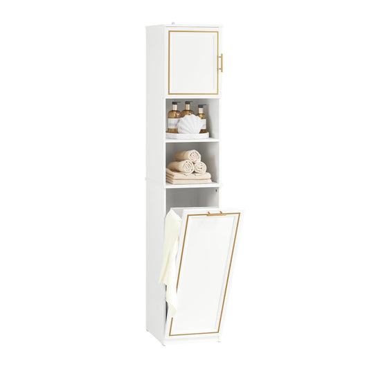 SoBuy BZR87-W Badezimmer Hochschrank mit Wäschesack Weiss. Hoher, weißer Badschrank zur Organisation und Sammlung von Wäsche.