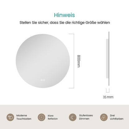 EMKE Runder Badspiegel 80cm Beleuchtet Dimmbar Touch 3 Farben