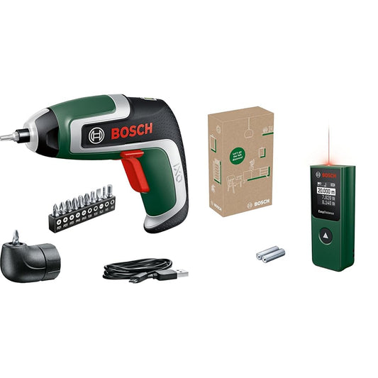 Bosch Akkuschrauber IXO Gen 7 + Laser-Entfernungsmesser EasyDistance 20. Grün-schwarze Werkzeuge für Schrauben und Messen.