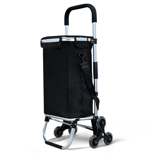 VOUNOT Einkaufstrolley Treppensteiger mit Kühlfach, klappbar, schwarz, Aluminiumgestell mit 6 Rädern