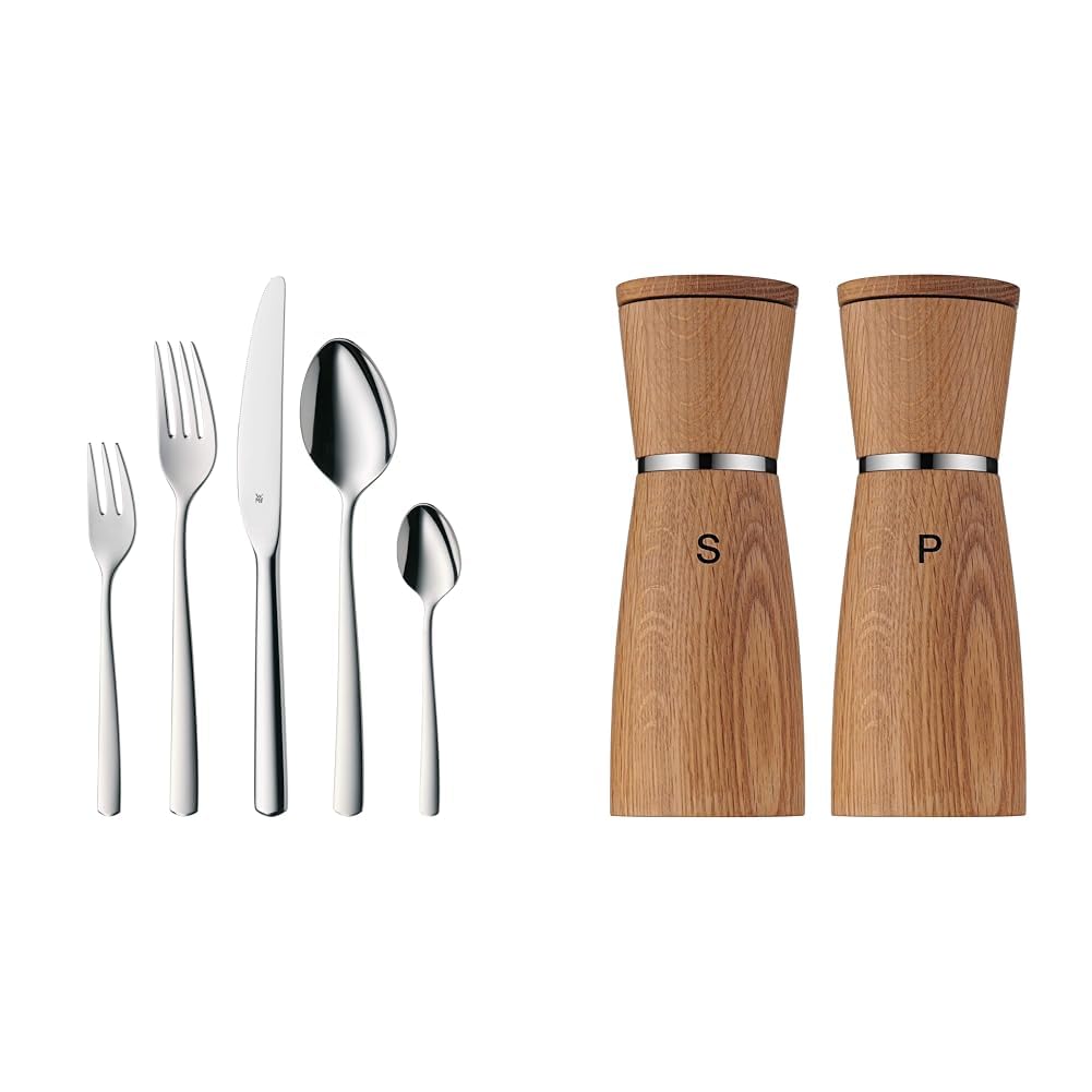 WMF Boston Besteck Set 60tlg. & Ceramill Nature Mühlen Set. Glänzendes Edelstahl-Besteck für 12 Gedecke und zwei Holzmühlen zum Würzen.