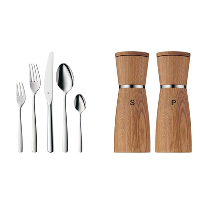 WMF Boston Besteck Set 60tlg. & Ceramill Nature Mühlen Set. Glänzendes Edelstahl-Besteck für 12 Gedecke und zwei Holzmühlen zum Würzen.