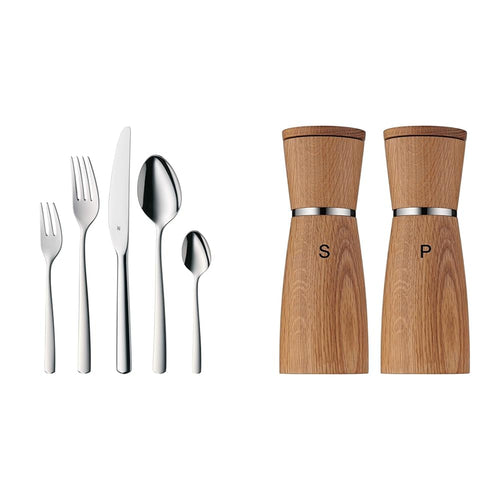 WMF Boston Besteck Set 60tlg. & Ceramill Nature Mühlen Set. Glänzendes Edelstahl-Besteck für 12 Gedecke und zwei Holzmühlen zum Würzen.