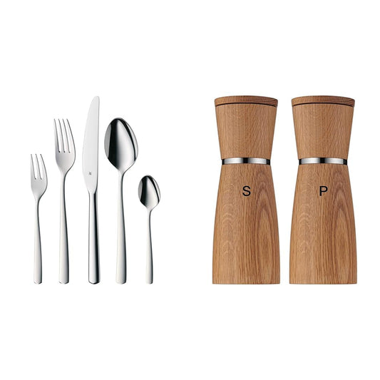WMF Boston Besteck Set 60tlg. & Ceramill Nature Mühlen Set. Glänzendes Edelstahl-Besteck für 12 Gedecke und zwei Holzmühlen zum Würzen.