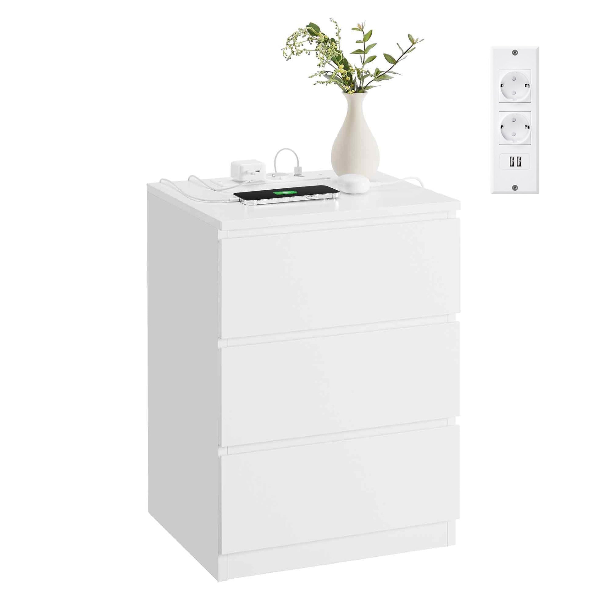 VASAGLE Kailyn Nachttisch mit Steckdosenleiste, 3 Schubladen, weiss – griffloses Design mit integrierter Ladestation