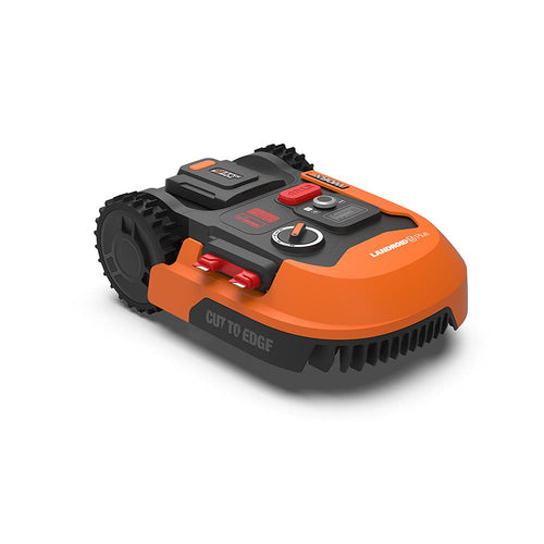 WORX Landroid Plus WR165E Mähroboter. Orange-schwarzer Roboter mäht Rasenflächen bis 500m² autonom.