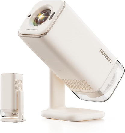 Aurzen Boom Air Mini Beamer mit Google TV, Full HD, USB-C, Cremeweiss – kompaktes Gehäuse mit drehbarem Ständer