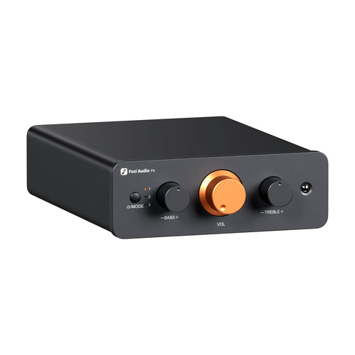 Fosi Audio P4 Mini Preamp Stereo Vorverstärker - 3x RCA, kompakter, schwarzer Kasten. Verstärkt Audiosignale von Quellgeräten für Endstufen.