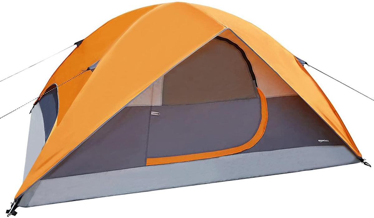 Amazon Basics Kuppelzelt für 4 Personen, wasserdicht, Orange/Grau, mit Regendach