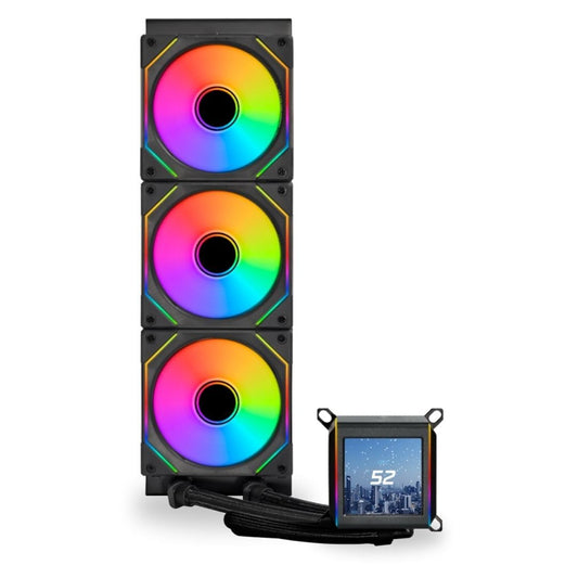 Lian Li Galahad LCD AIO CPU-Wasserkühler 280mm Schwarz. Kompakter schwarzer 280mm AIO-Wasserkühler mit LCD-Pumpenblock zur Kühlung von PC-Prozessoren.