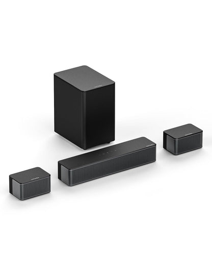 ULTIMEA Poseidon D50 5.1 Surround Soundbar mit Rear-Lautsprechern. Schwarze Soundbar und 2 Rear-Speaker für 5.1 Heimkino-Audio.