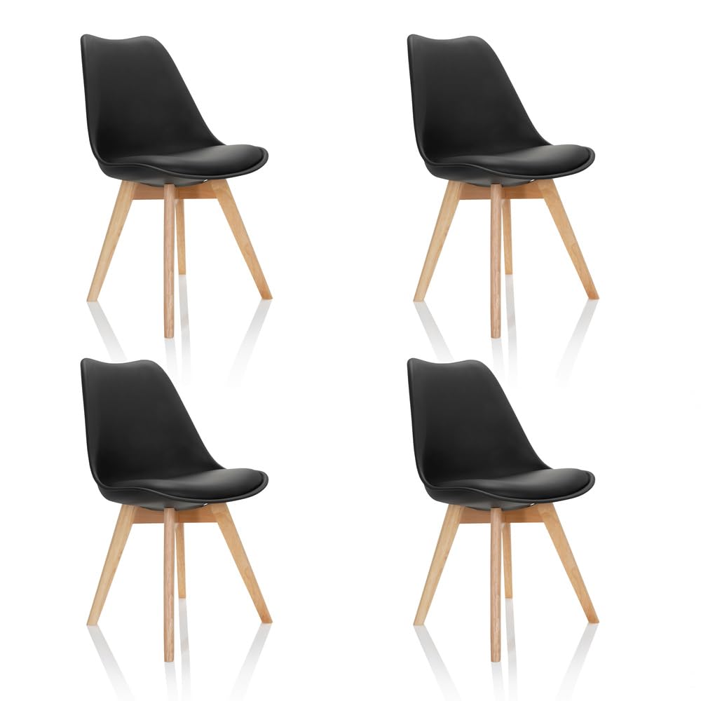 hjh OFFICE Scandi Esszimmerstühle Schwarz – 4er Set Buche Beine. Schwarze Stühle mit Buchenholzbeinen zum Sitzen am Esstisch.