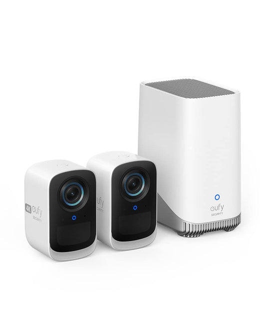 eufy Security eufyCam S300 3C Kabellose Aussenkamera - Set2+1: Kompakte, weiße Kamera mit schwarzer Linse. Überwacht Aussenbereiche kabellos.