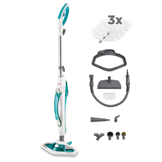 Polti Vaporetto SV450 Dampfbesen - Dampfreiniger Weiss-Grün. Weiß-grüner, aufrechter Dampfreiniger. Reinigt Hartböden mit heißem Dampf zur hygienischen Sauberkeit.

