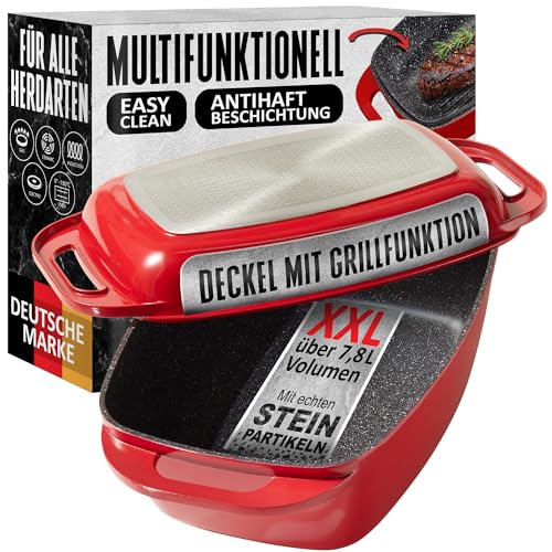 STONELINE Aluguss Bräter Induktion - 43x26 cm Rot, 8.4L. Roter Bräter zum Braten & Schmoren von Speisen auf Induktionsherden.