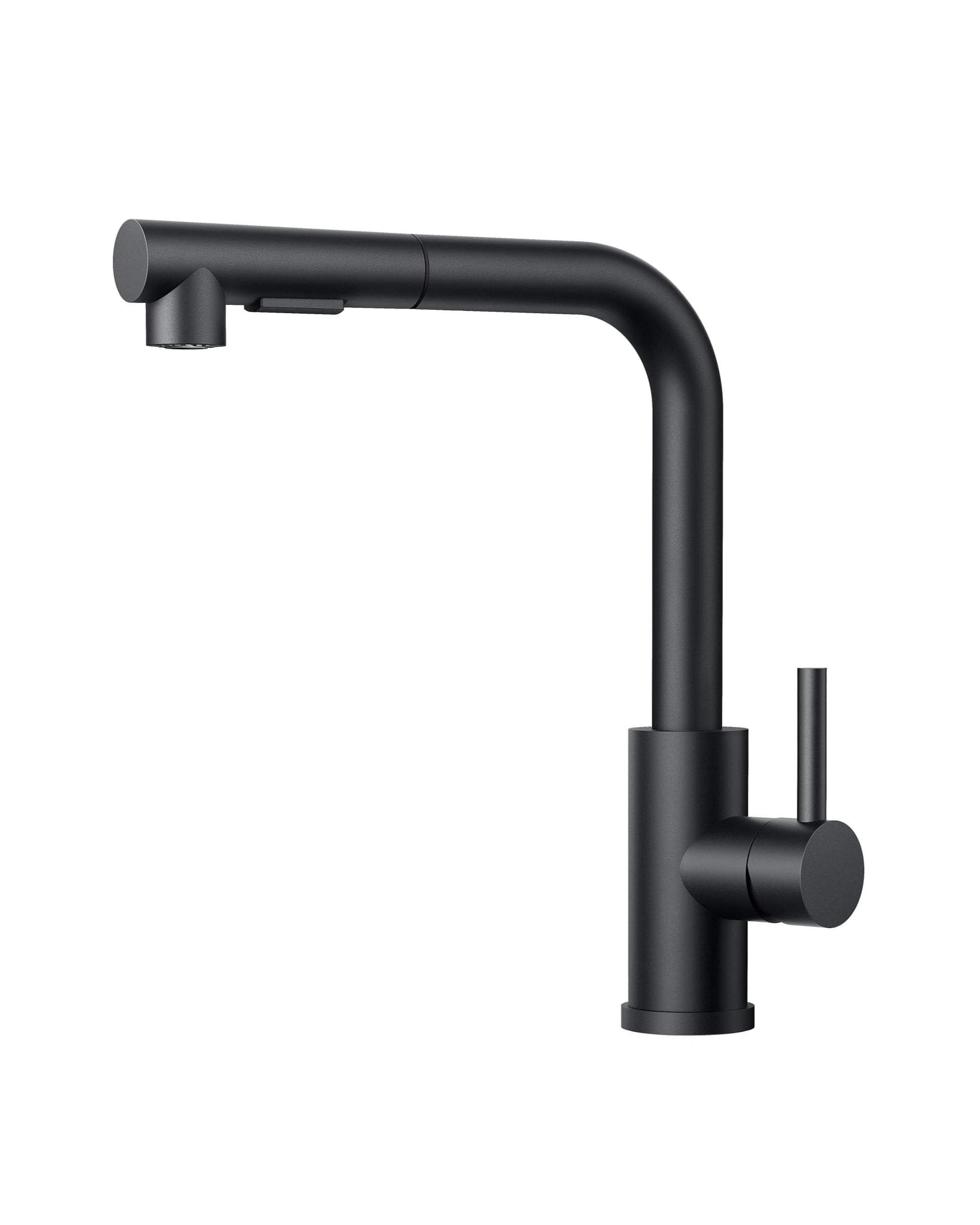 FORIOUS Ausziehbar L-Form Edelstahl Küchenarmatur - Schwarz. Schwarze L-Form Armatur mit ausziehbarer Brause für Spülwasser in der Küche.