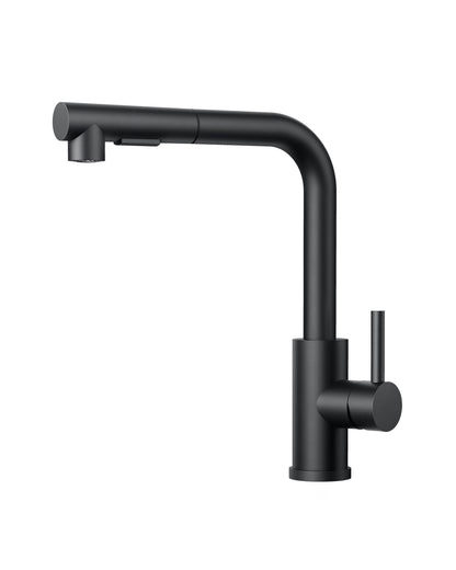 FORIOUS Ausziehbar L-Form Edelstahl Küchenarmatur - Schwarz. Schwarze L-Form Armatur mit ausziehbarer Brause für Spülwasser in der Küche.