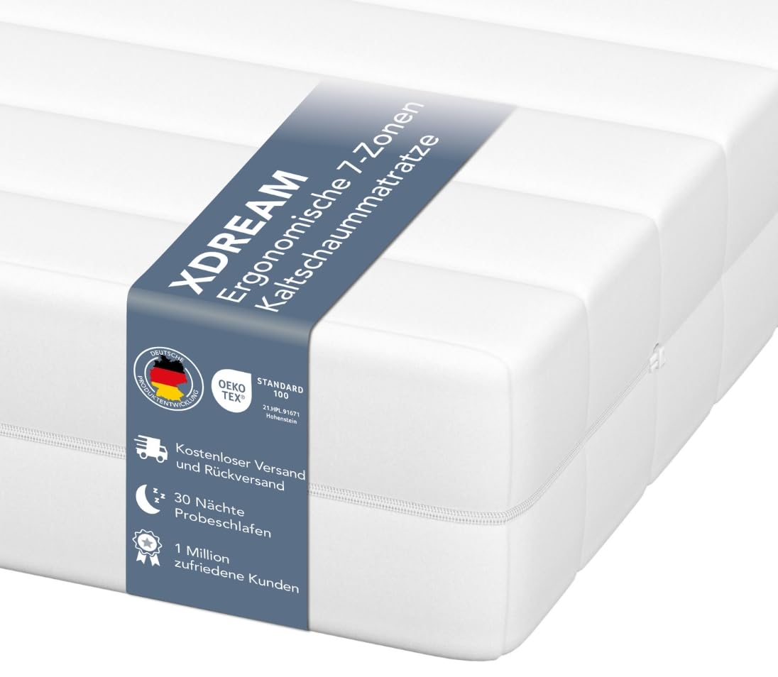 XDREAM Pure 7-Zonen Kaltschaummatratze 180x200 cm Härtegrad H3 mit abnehmbarem Bezug