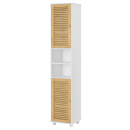 FORABAMB Badezimmer Hochschrank mit Bambustüren, 32 x 30 x 190 cm - schmaler Badschrank mit zwei offenen Fächern