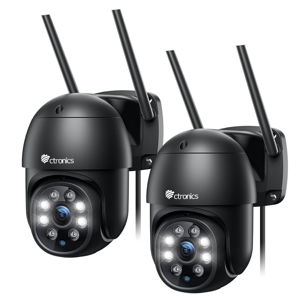 Ctronics PTZ Überwachungskamera Aussen WLAN – 2K Schwarz 2er-Set. Schwarze PTZ-Kameras zur 2K-WLAN-Videoüberwachung außen.