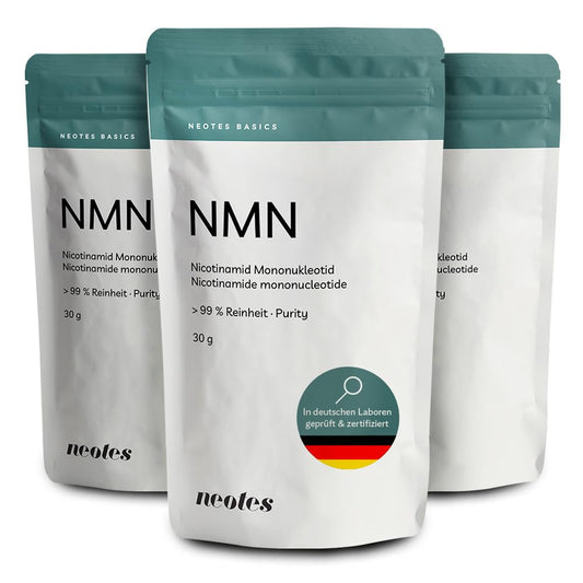 NMNeotes Nicotinamid Mononukleotid Pulver hochrein – 3x 30g Packung: Weißes Pulver. Supplement für Energiestoffwechsel.