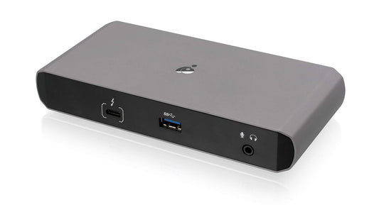 IOGEAR 4K Dual Display Thunderbolt 3 Dock Pro - GTD737. Rechteckiges, schwarzes Dock. Erweitert Laptop um zwei 4K-Displays und diverse Peripherieanschlüsse.
