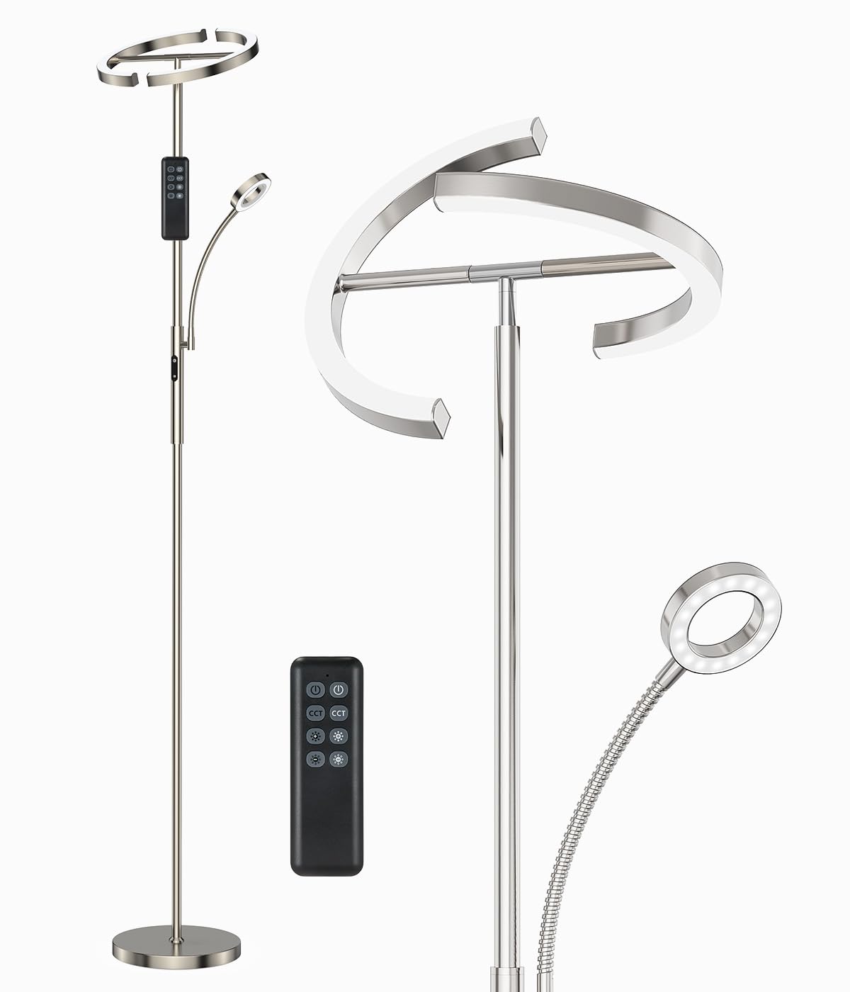 ANTENLICHT LED Deckenfluter Dimmbar - Silber, Leselampe. Silberner LED-Deckenfluter mit Leselampe. Dimmbar für Raum- und gerichtetes Leselicht.