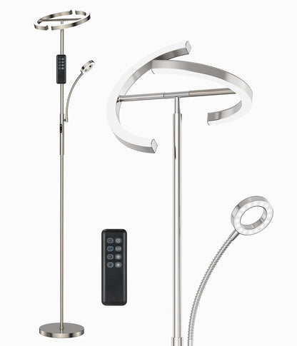 ANTENLICHT LED Deckenfluter Dimmbar - Silber, Leselampe. Silberner LED-Deckenfluter mit Leselampe. Dimmbar für Raum- und gerichtetes Leselicht.