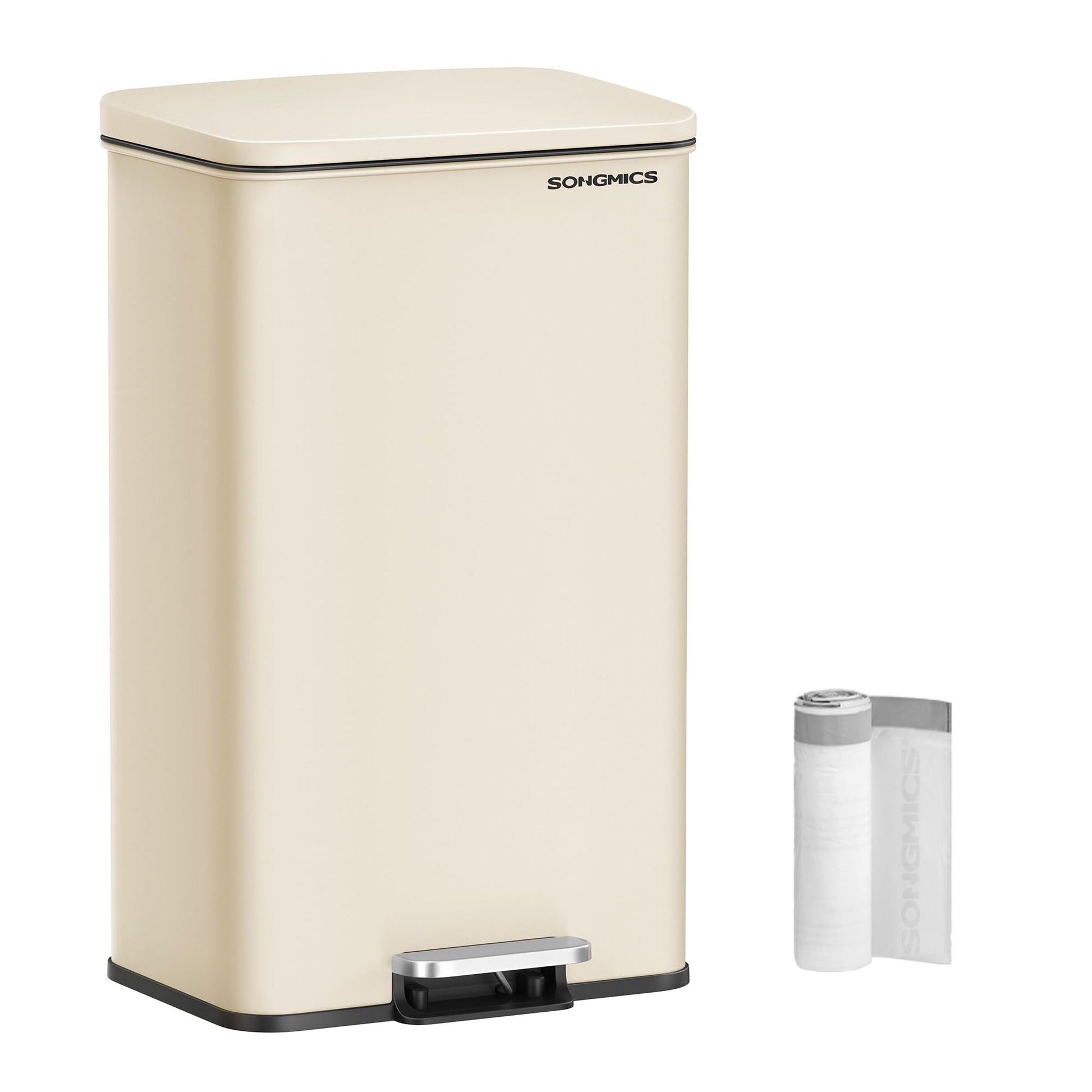 SONGMICS Tretmülleimer 40 Liter aus Stahl mit Softclose, sandbeige, mit Deckel und Tretpedal