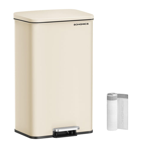 SONGMICS Tretmülleimer 40 Liter aus Stahl mit Softclose, sandbeige, mit Deckel und Tretpedal