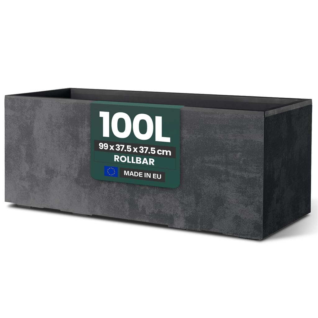 Kreher Millennium Pflanzkasten XL 100 Liter, rollbar, Anthrazit – rechteckig, matte Naturstein-Optik