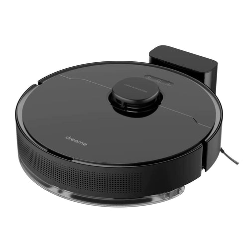 Dreame D10s Pro Saug- & Wischroboter mit KI-Aktion, Video: Runder schwarzer Roboter saugt, wischt & navigiert per KI via Video.