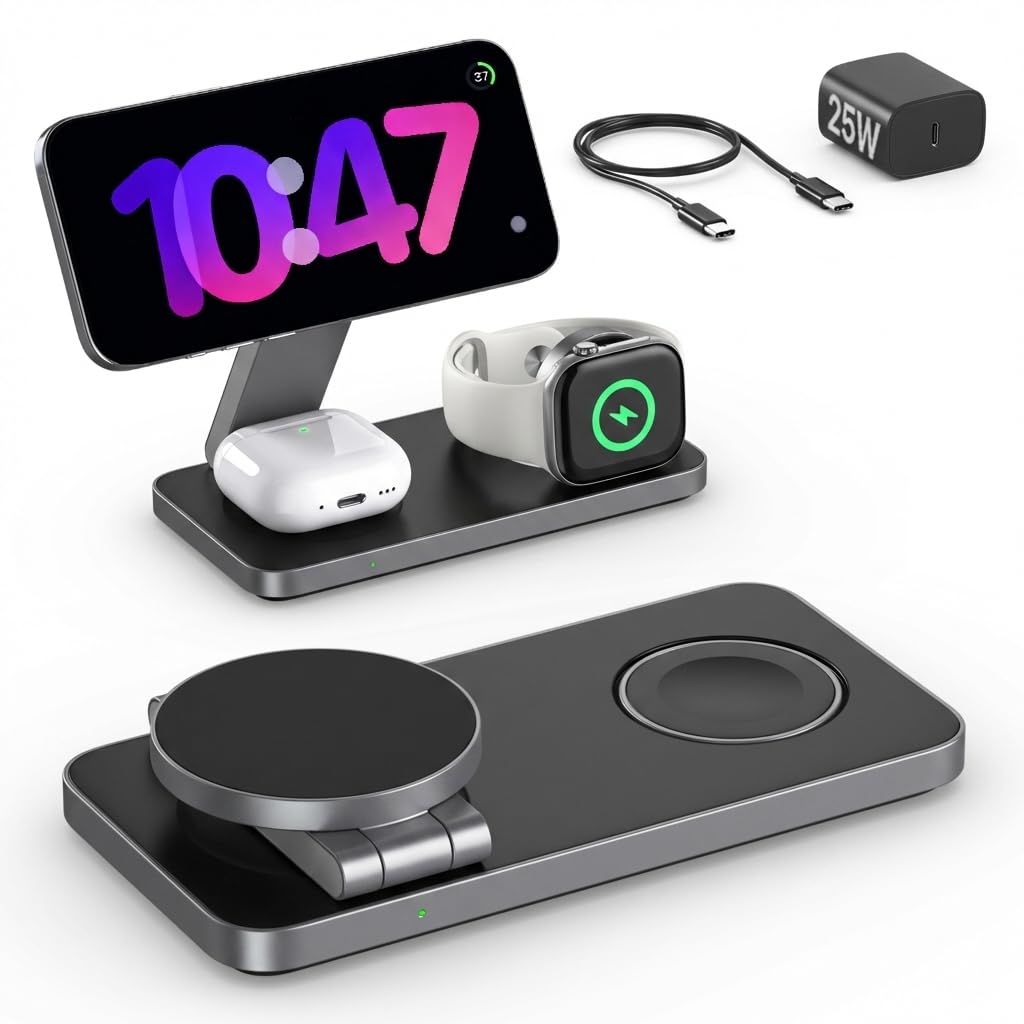 QTlier 3-in-1 Ladestation Qi2.2 25W für iPhone, Apple Watch, AirPods, faltbar