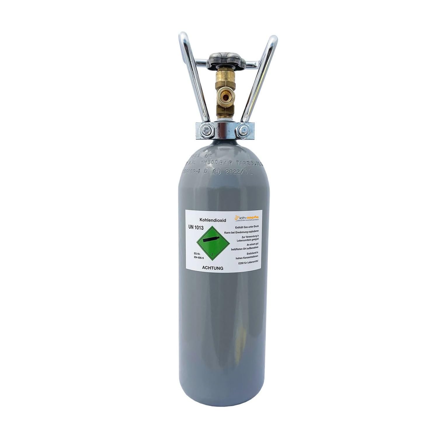 ich-zapfe CO2 Gasflasche 2kg Aluminium gefüllt. Zylindrisch, silbern. Zum Zapfen von Getränken.