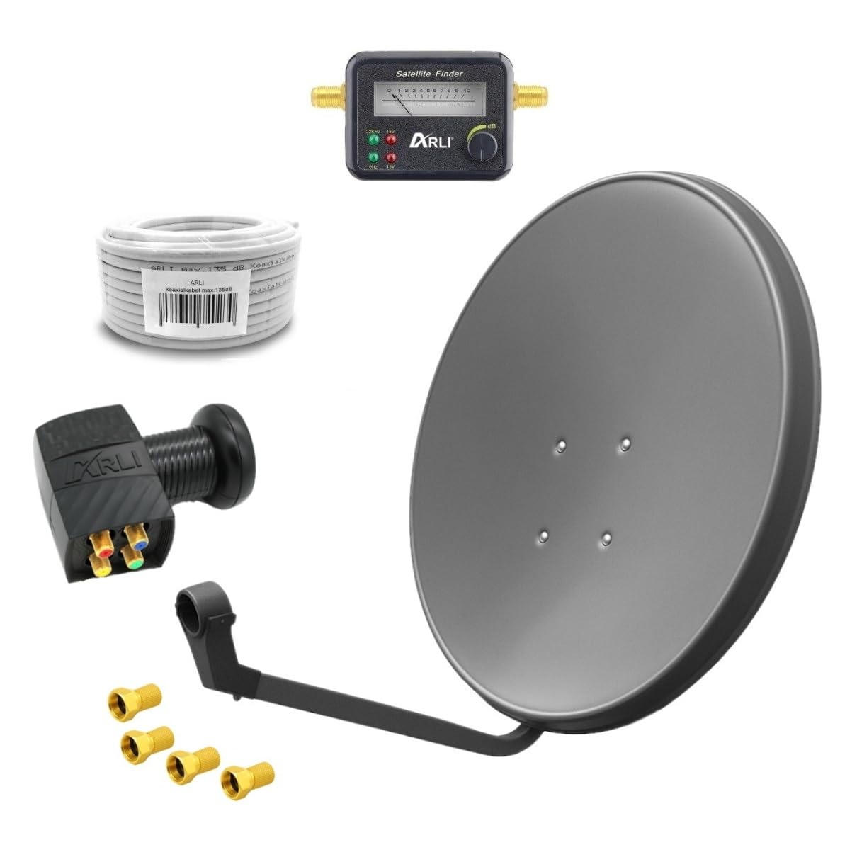 ARLI Sat-Anlage 60 cm mit Quad LNB, 15 m Koaxialkabel und Satfinder, ovale Stahlantenne in Dunkelgrau